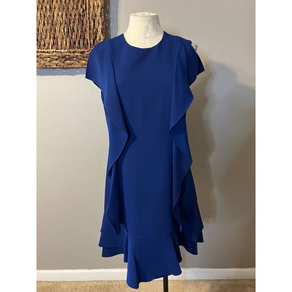 BCBGMaxAzria AnneMarie Dress M Medium Blue Short Sleeve Shift Washable Ruffled - Picture 4 of 13